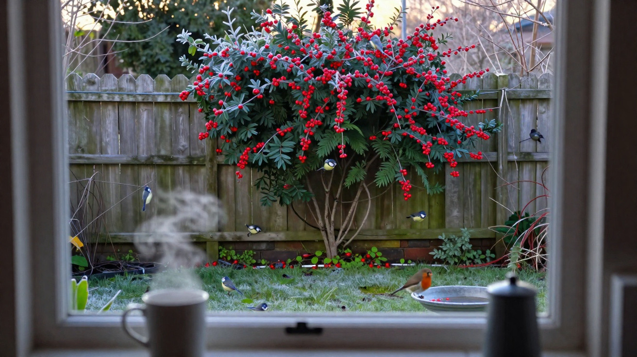 View through a window of a garden with a steaming cup, red berries on a bush, and small birds on frosty grass.