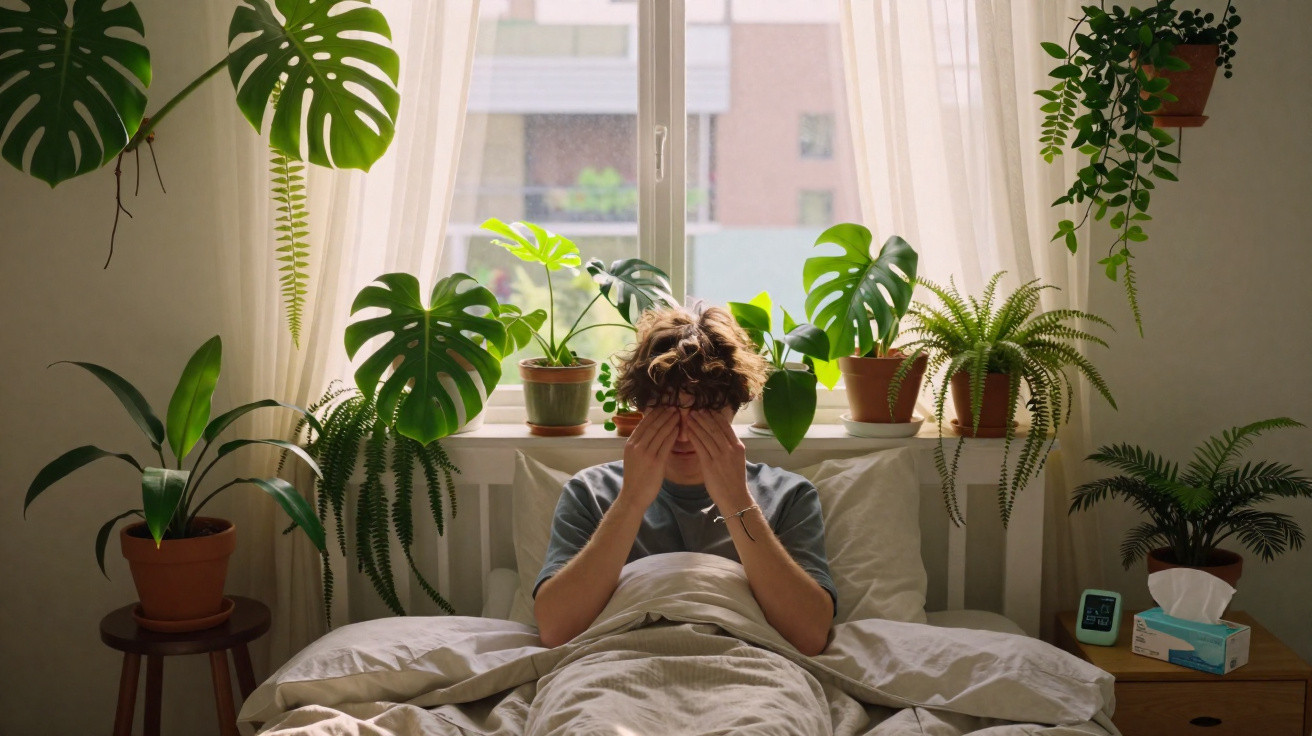 Person sitting in bed with hands covering face, surrounded by various green potted plants by a window.