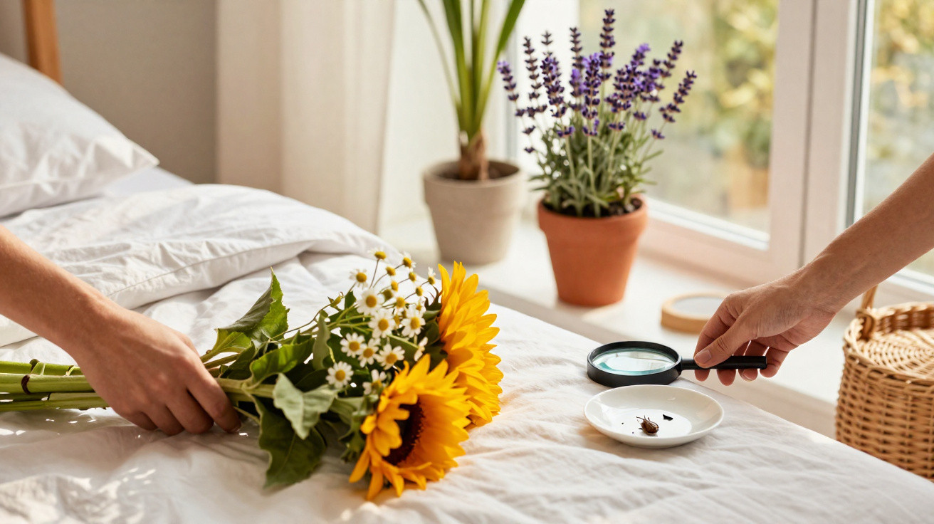 Hands holding a bouquet of sunflowers and daisies and a magnifying glass over a ladybird on a plate on a bed.