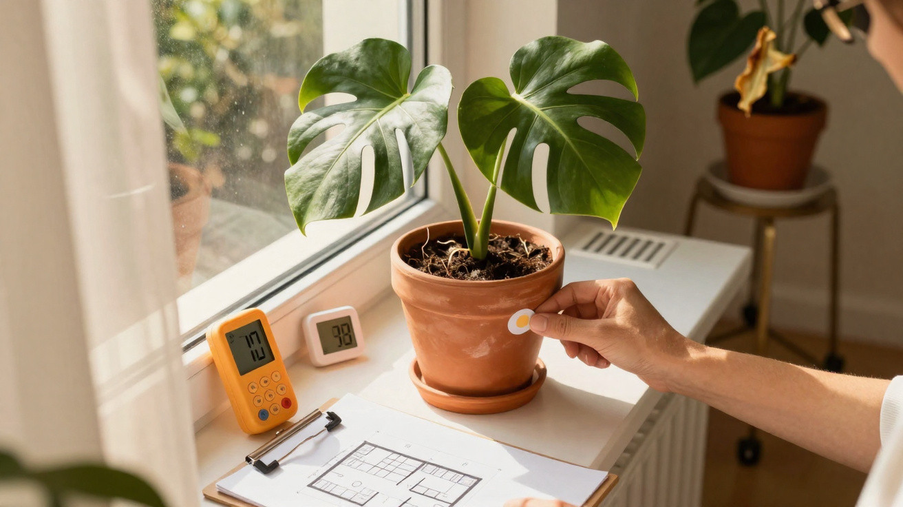 Hand placing a moisture sensor into soil of a potted monstera plant by a sunlit window.