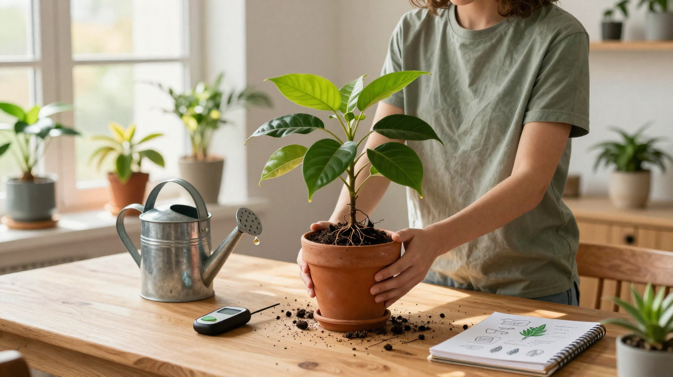 Person repotting a green houseplant on a wooden table with gardening tools and plant drawings nearby.