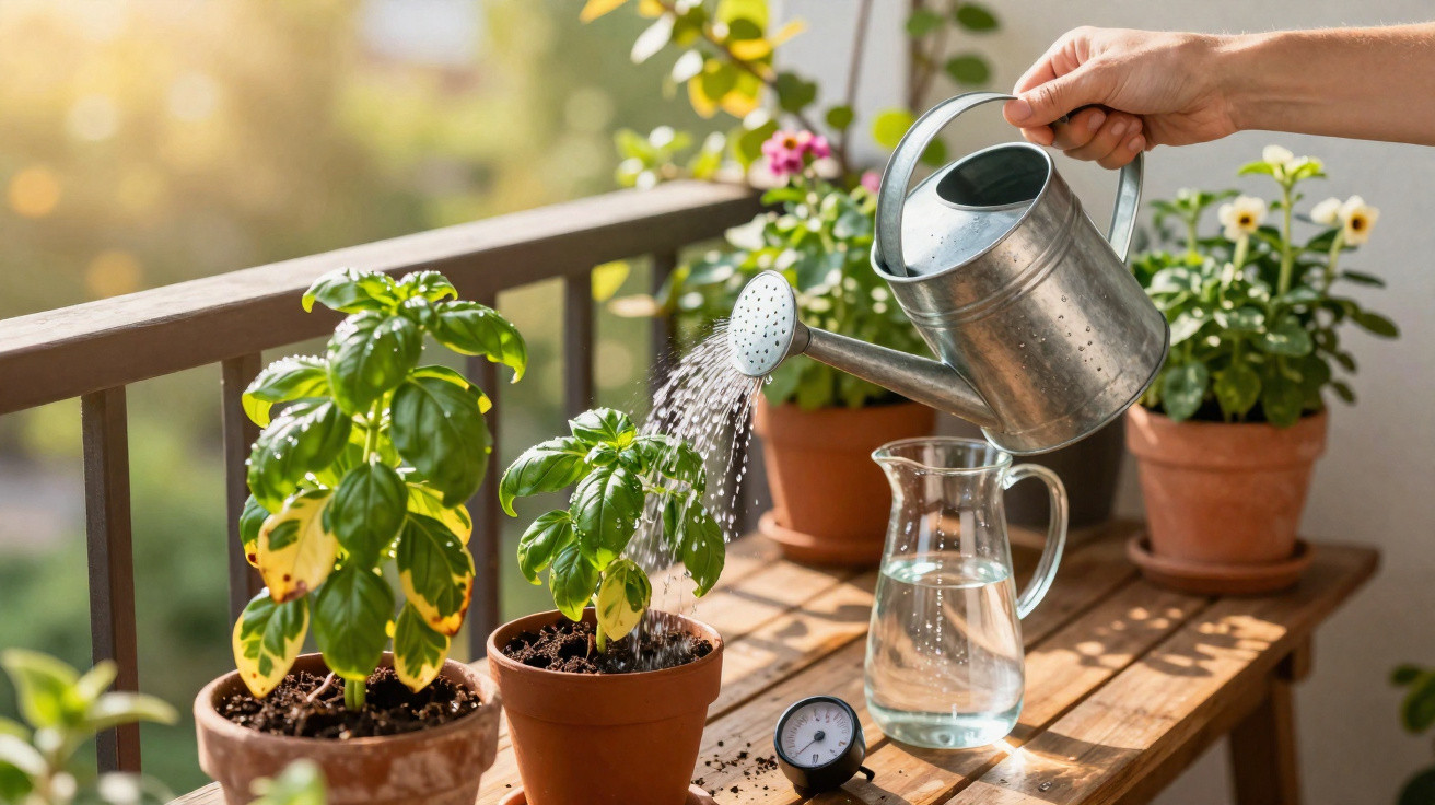 Hand watering basil plants in terracotta pots on a wooden balcony table with sunlight background.