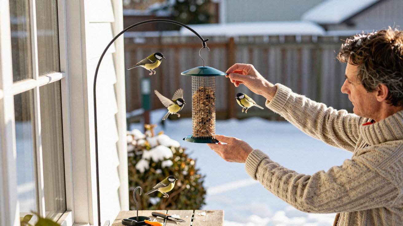 Man in a wool sweater refills a bird feeder outside a snowy house with four great tits flying nearby.
