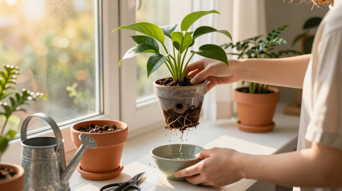 Person repotting a green plant by a sunny window with gardening tools nearby on white surface.