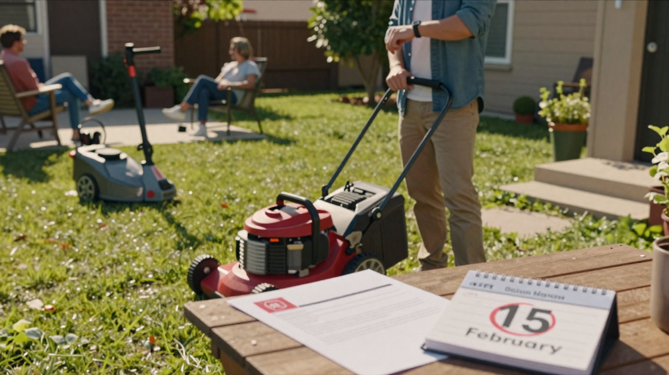 Person pushing a lawn mower in a garden with two people seated and a calendar showing 15 February.