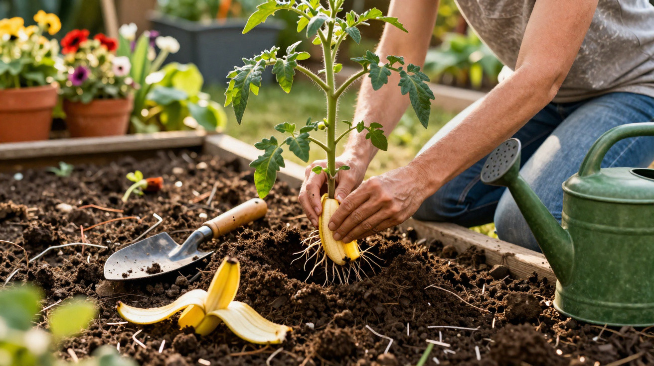 Person planting a tomato seedling using a banana peel as organic fertiliser in a garden bed.