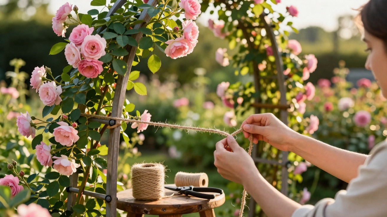 Person tying twine to support pink climbing roses on a garden arch in sunny outdoor setting.