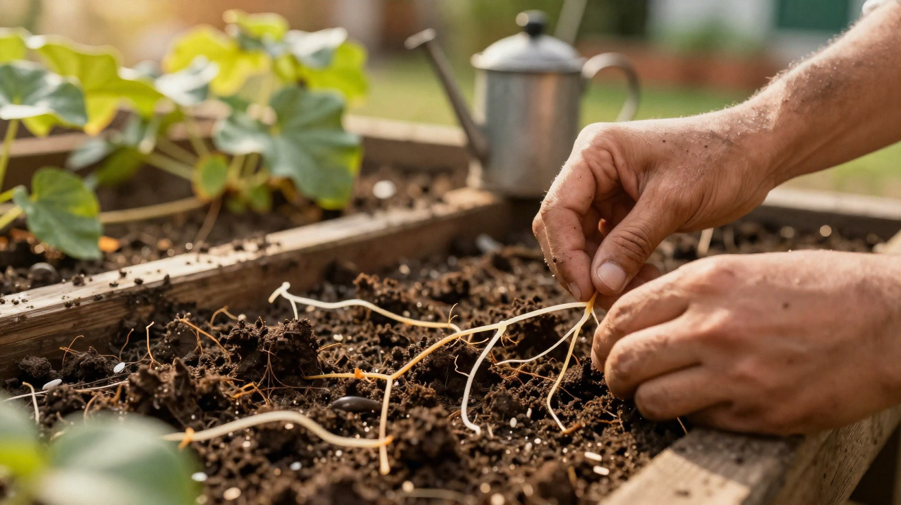 Hands planting seedlings in a wooden raised garden bed with green plants in the background outdoors.