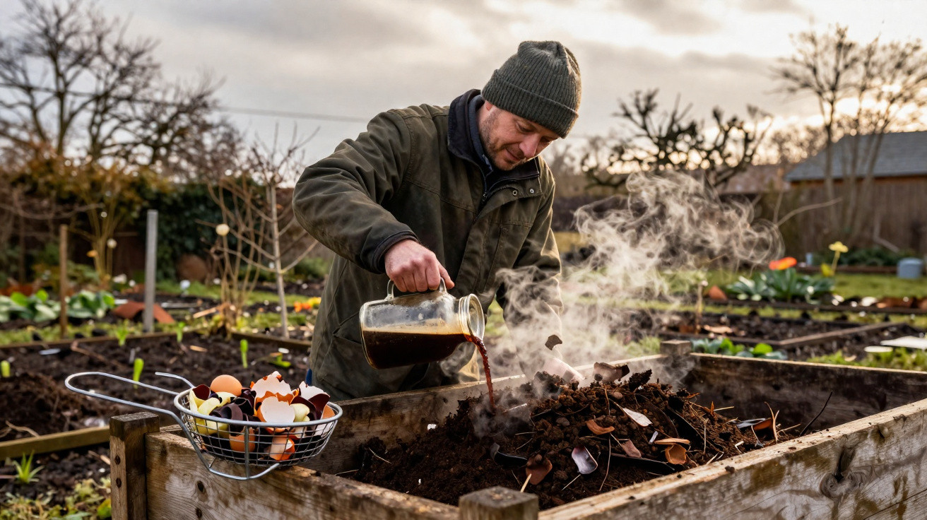 Man pouring liquid into a steaming compost bin in a garden with plants and eggshells nearby.