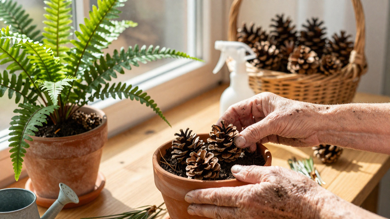 Hands placing pinecones in a terracotta pot on a wooden windowsill with plants and a basket nearby