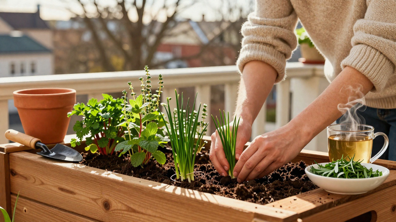 Person planting green herbs in a wooden raised garden bed on a sunny balcony with a steaming cup of tea nearby.