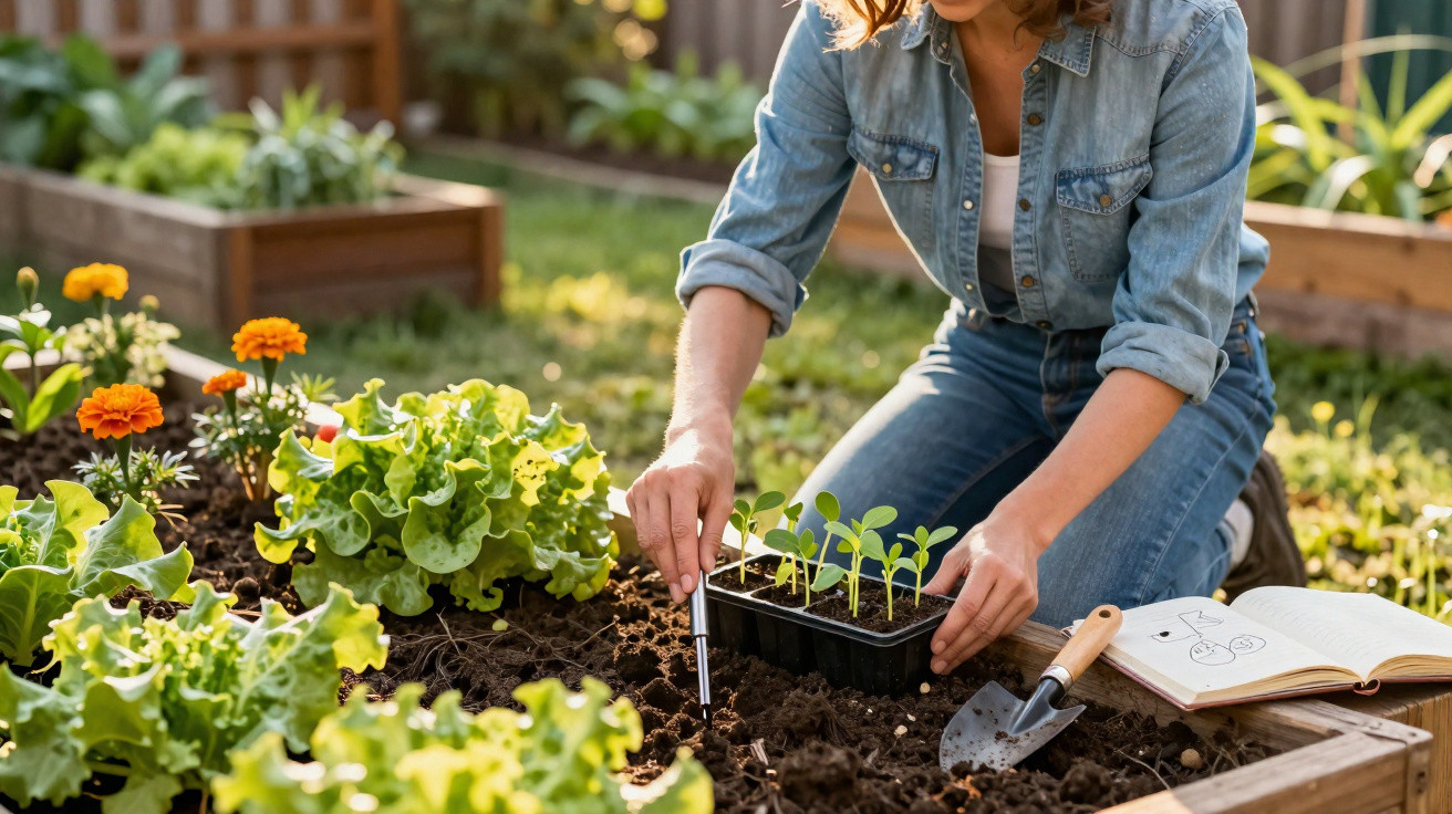 Person planting seedlings in soil in a raised garden bed with lettuce, flowers, a trowel, and an open book nearby