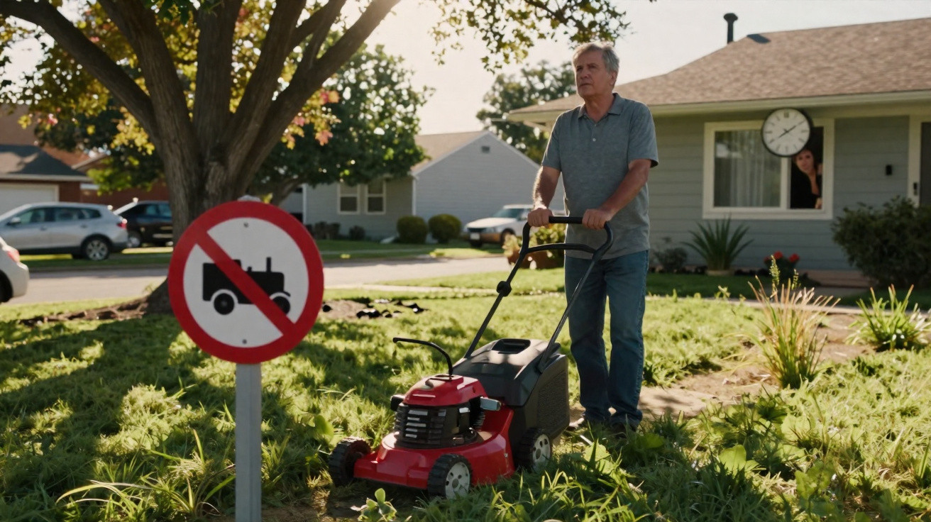 Man mowing lawn next to a no lawnmower sign in a residential neighbourhood.