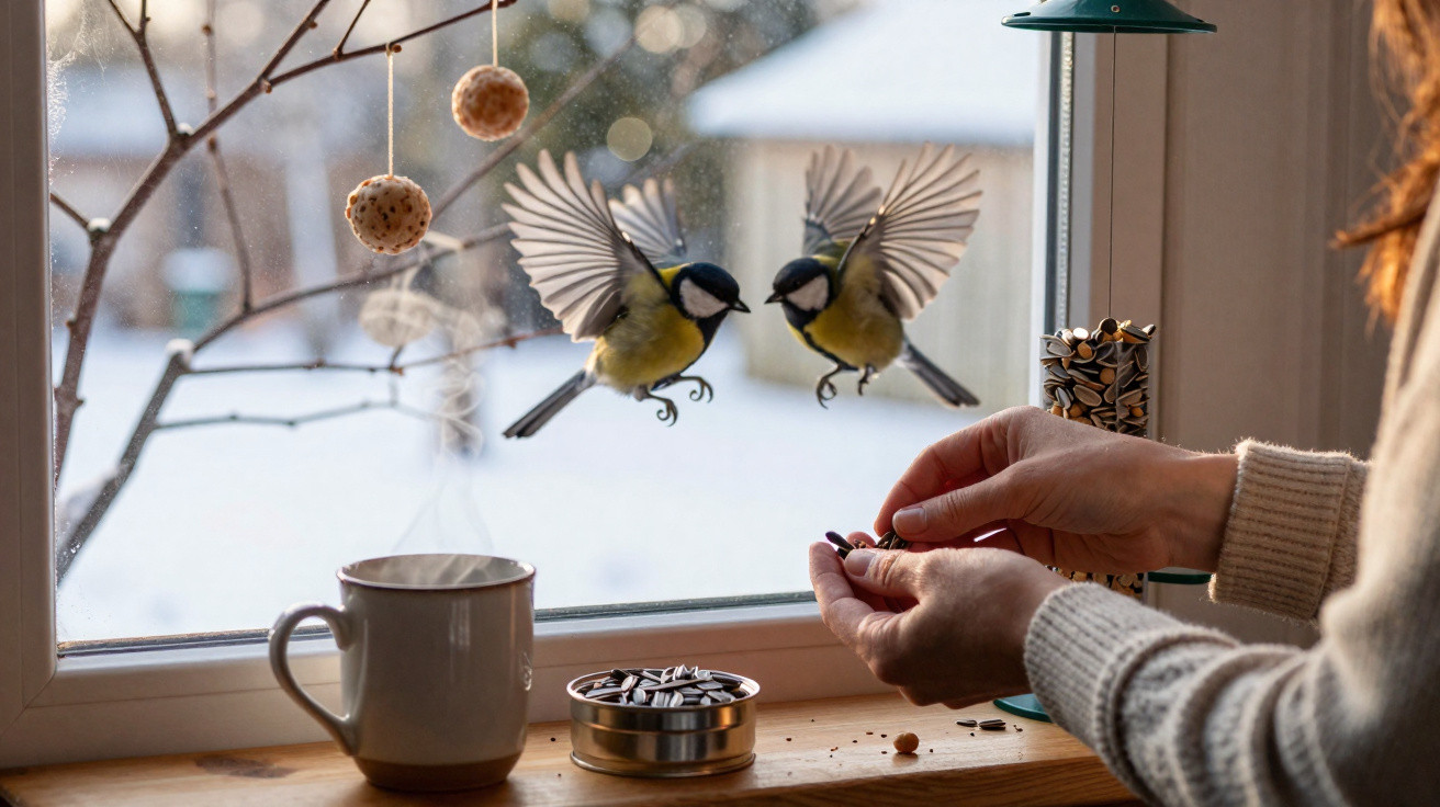 Two tits flying at a window feeder while a person holds sunflower seeds inside a snowy room