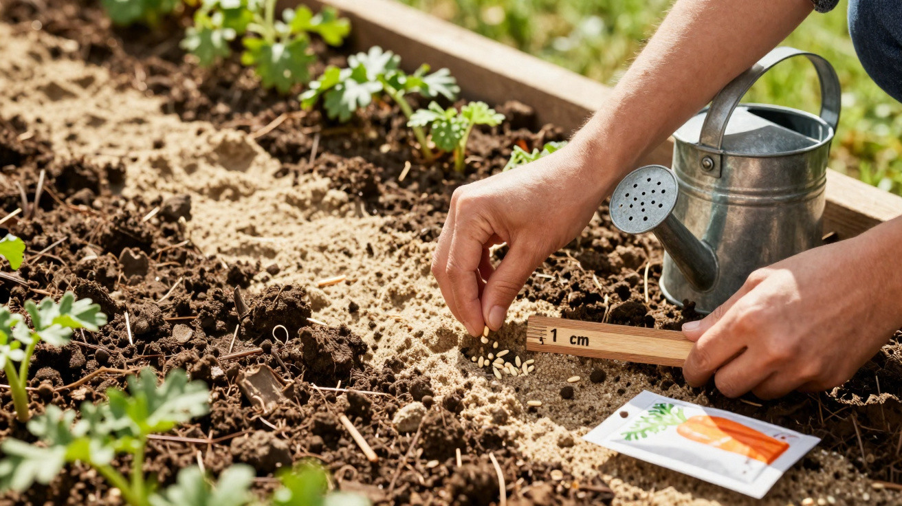 Person planting seeds in soil using a ruler and watering can in a garden bed.