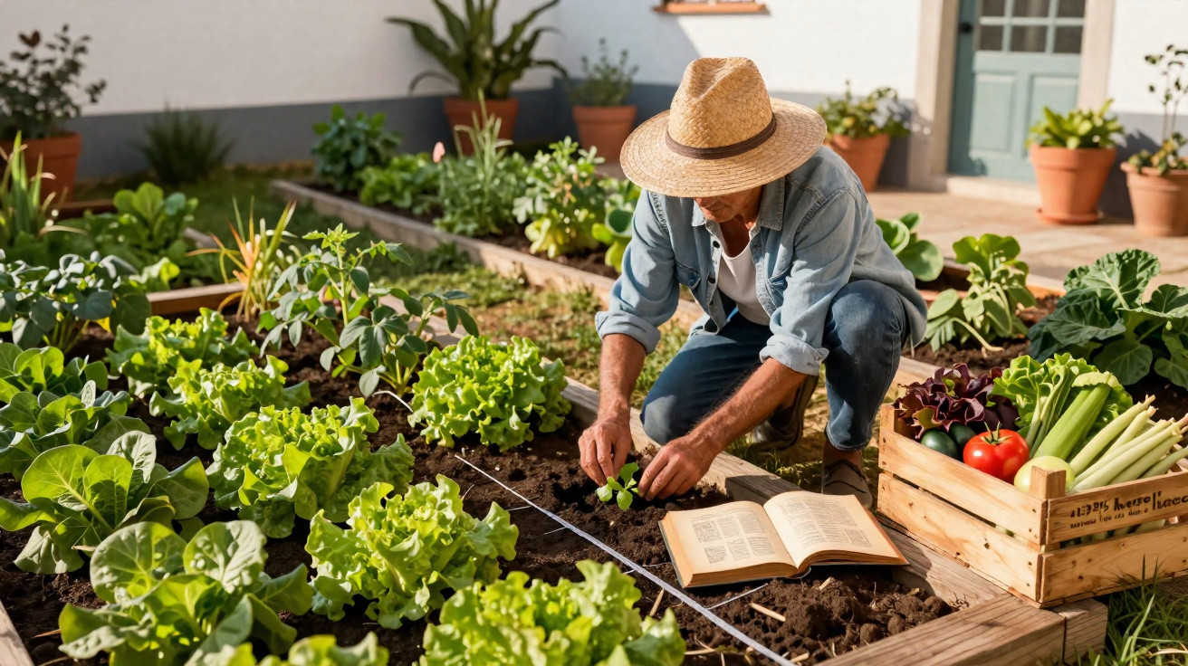 Person wearing a straw hat planting seedlings in a vegetable garden beside a crate of fresh produce and an open book.