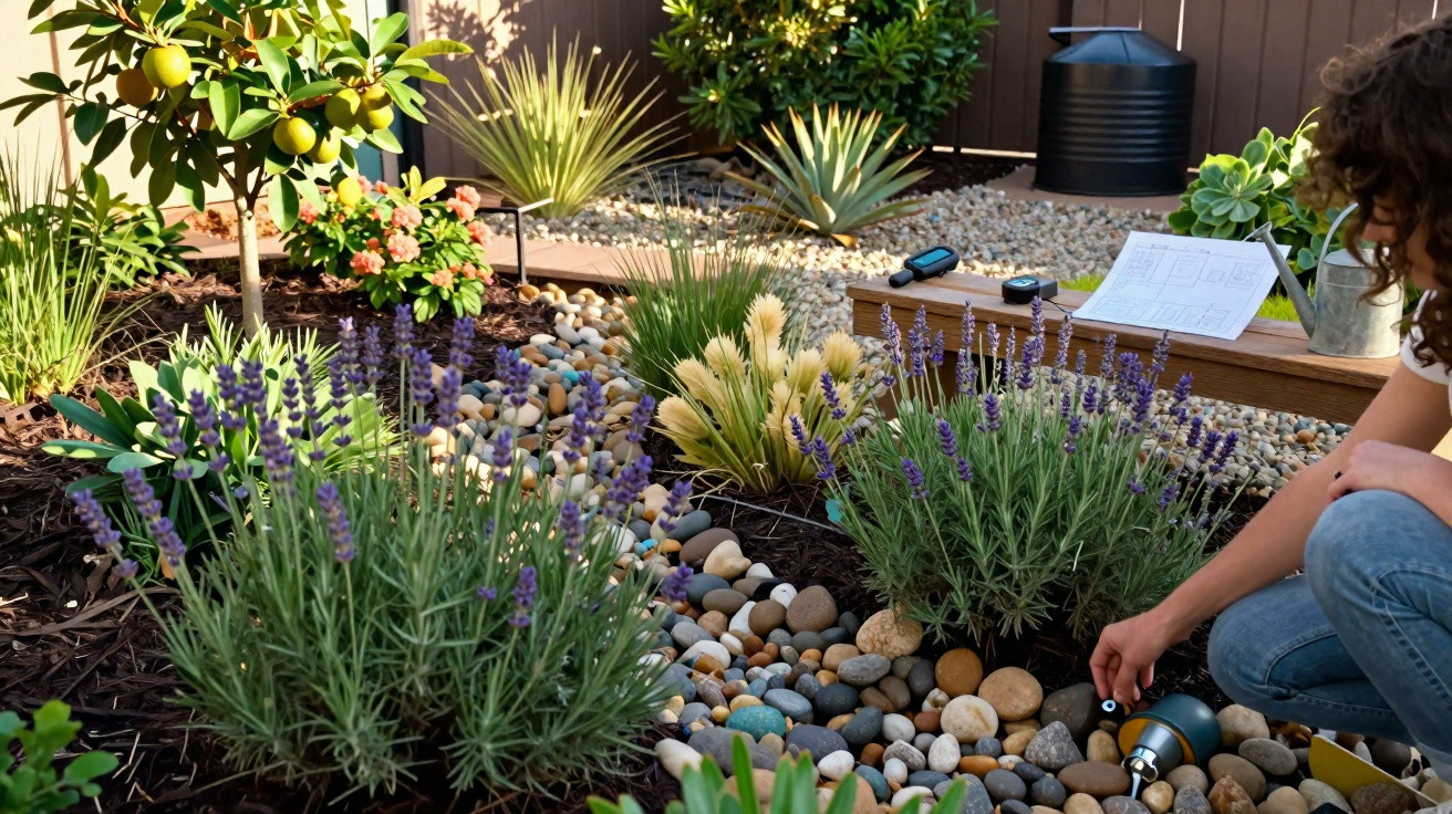Person gardening among lavender, ornamental grasses, and pebbles in a well-maintained backyard garden.