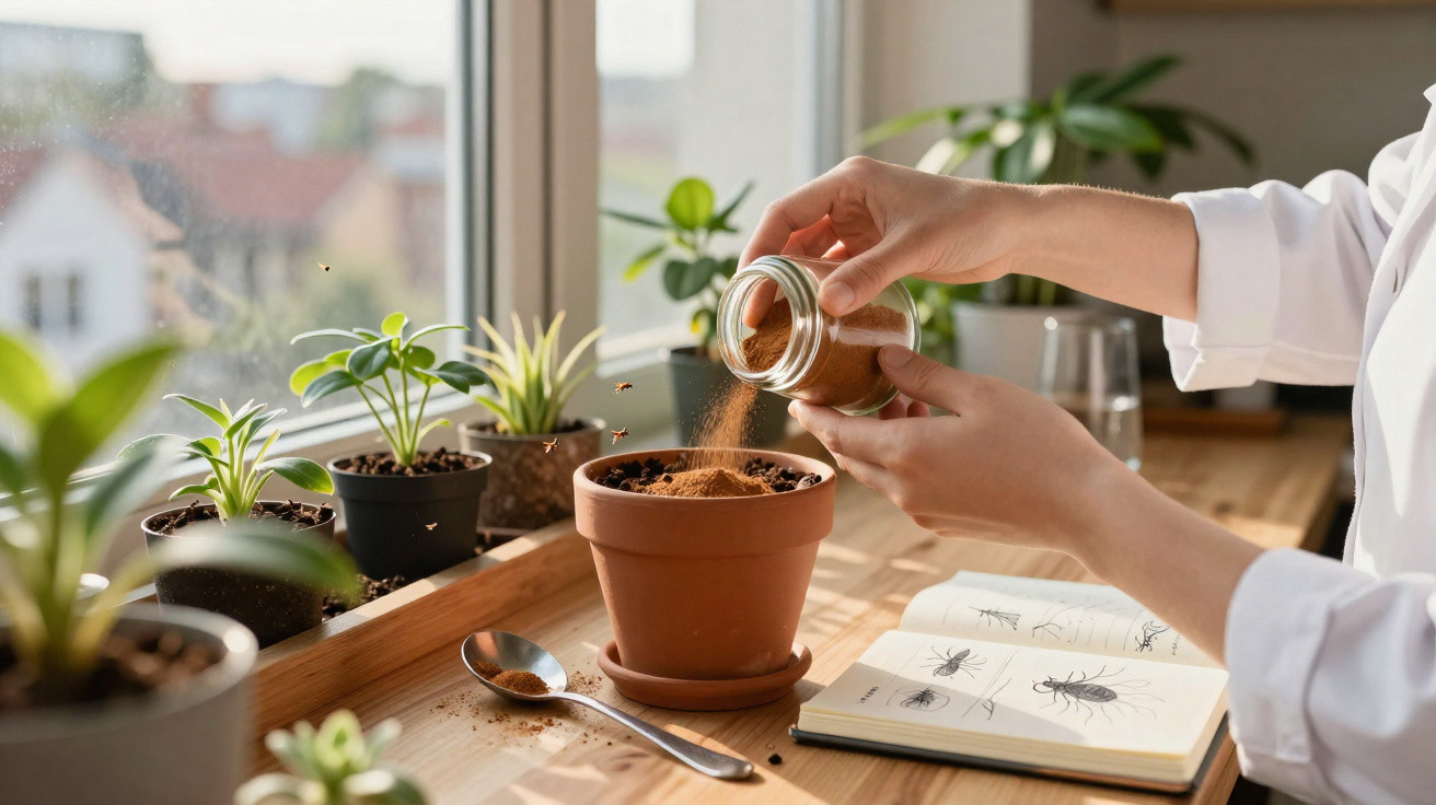 Person sprinkling cinnamon into a terracotta pot on a wooden table with plants and an insect sketchbook nearby.