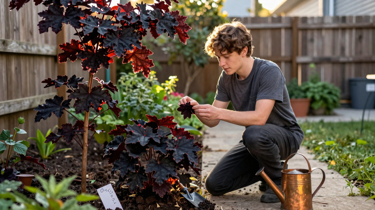 Young man kneeling in a garden examining dark red leaves beside a copper watering can on a sunny day.