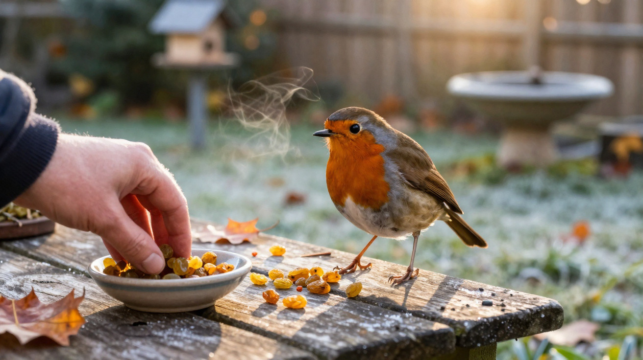 Hand feeding a European robin perched on a frosty wooden table with scattered berries and autumn leaves.