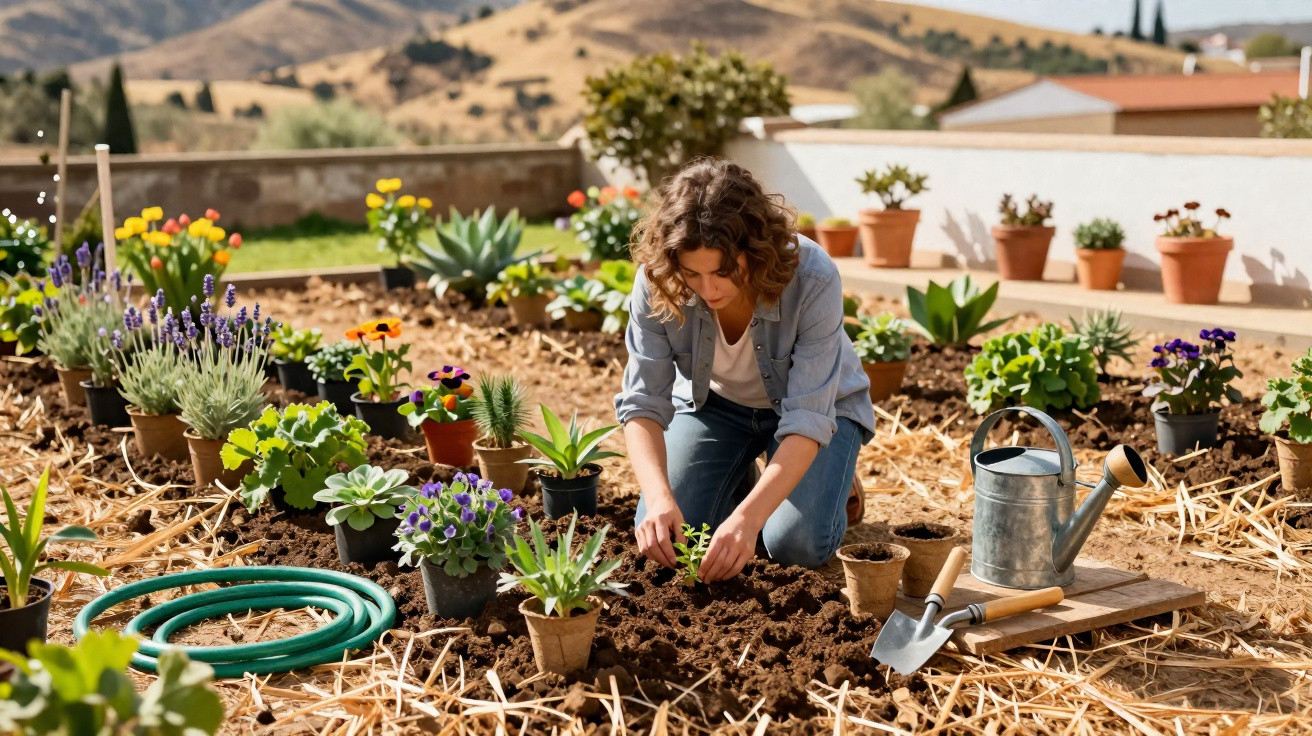 Woman planting flowers in a garden surrounded by potted plants, gardening tools, and a watering can on a sunny day.