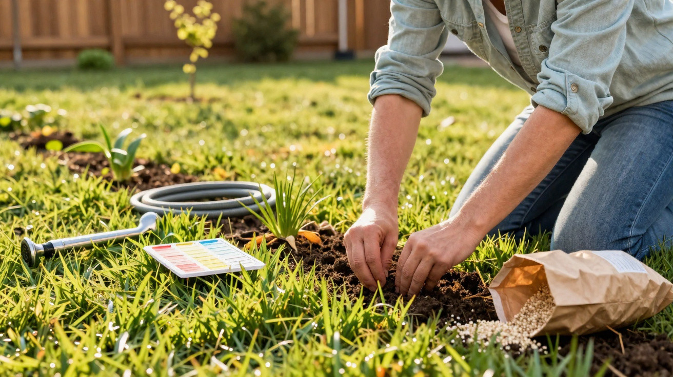 Person planting seeds in a garden with gardening tools and a paper bag of seeds nearby on the grass.