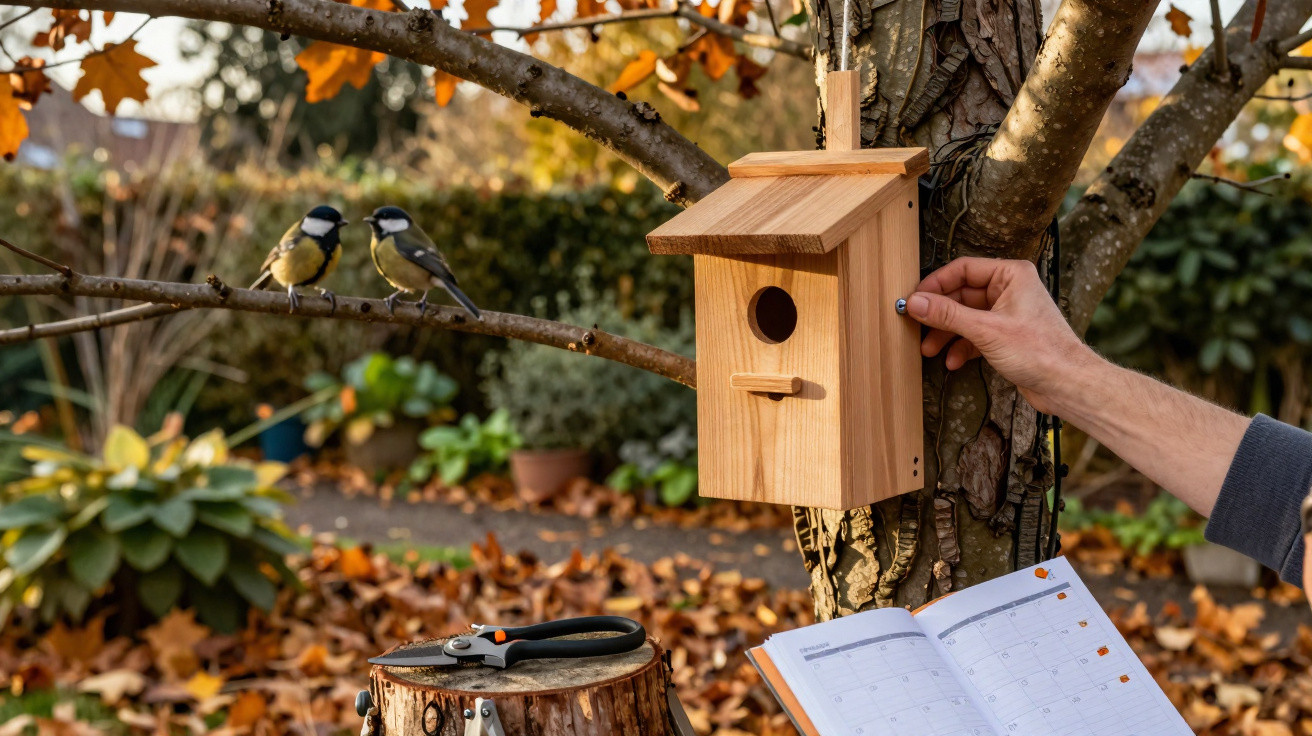 Person attaching a wooden birdhouse to a tree with two birds perched on a branch nearby in autumn garden.
