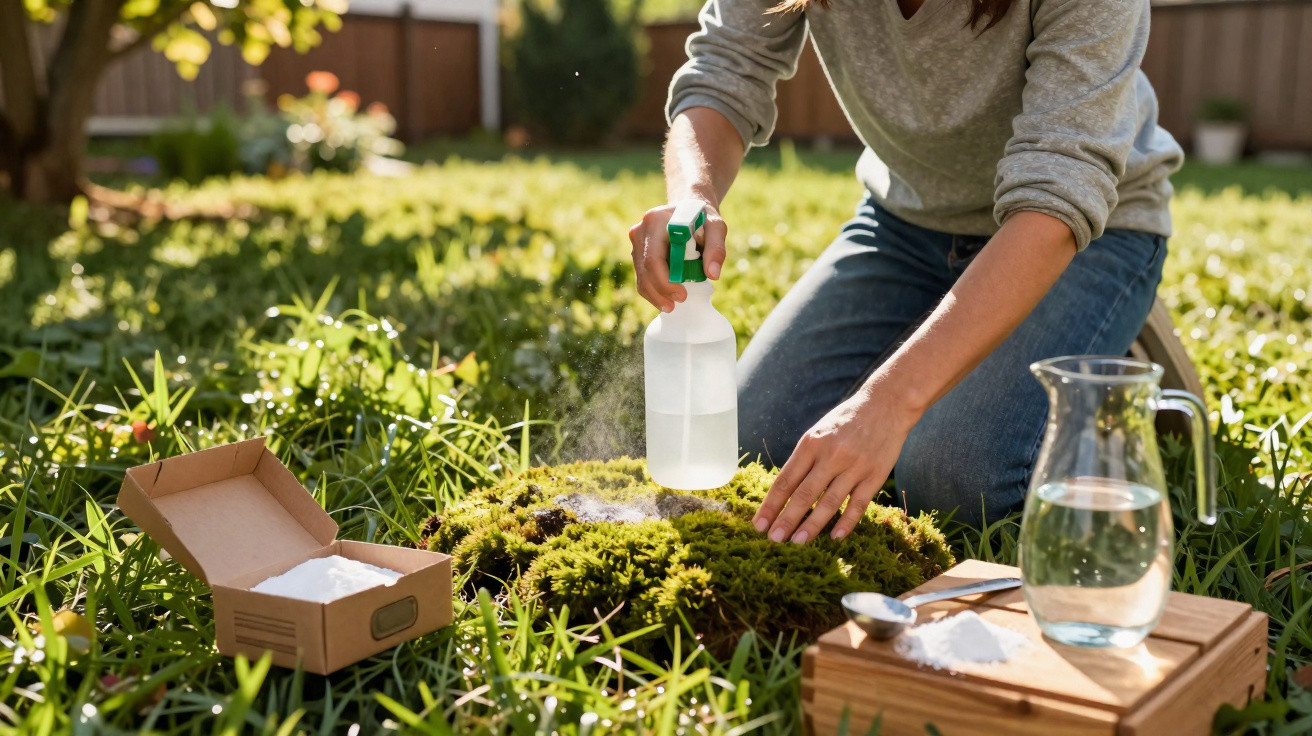Person spraying water on moss in a garden surrounded by grass and gardening supplies on a sunny day.