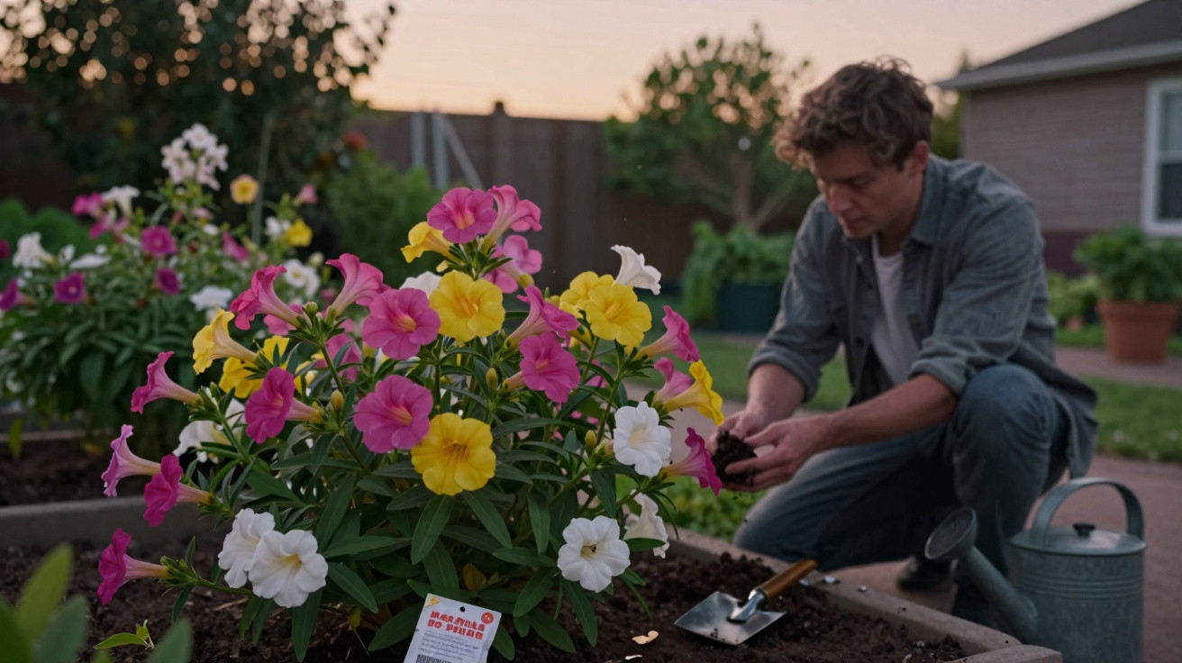 Man gardening near a raised bed with blooming pink, yellow, and white flowers during sunset.