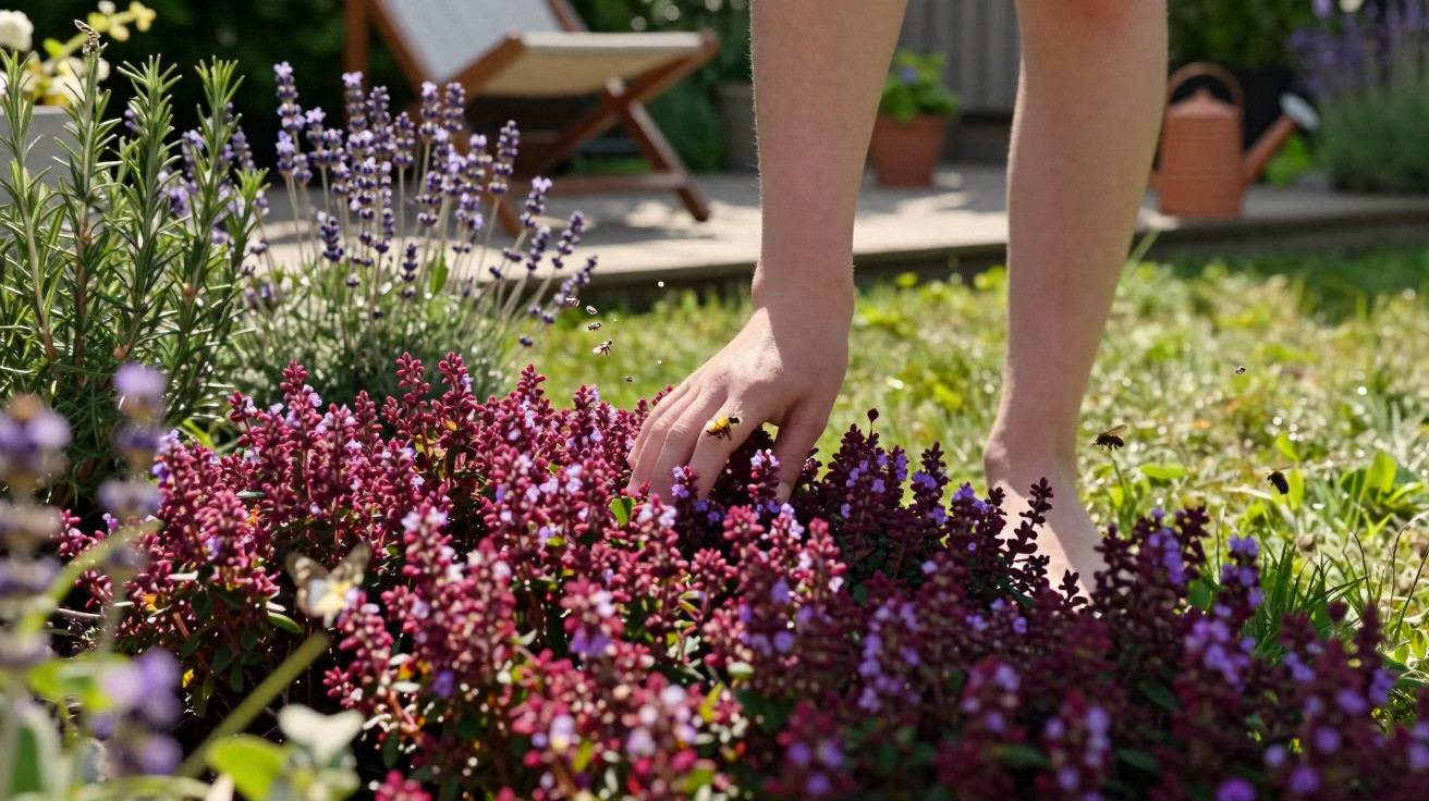 Hand gently touching purple and red flowers in a sunny garden with bees flying nearby.