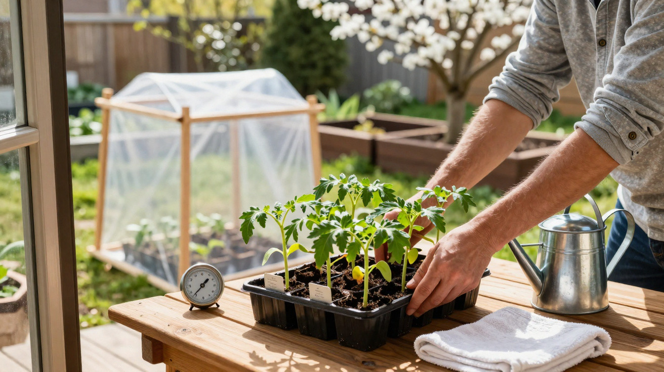Person tending to young tomato plants on a wooden table outdoors with a watering can and garden thermometer nearby.