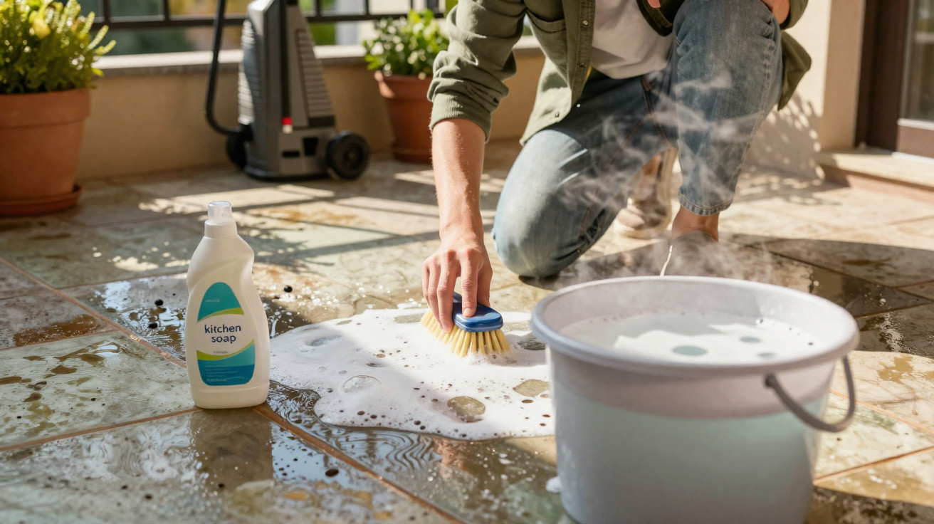 Person scrubbing a tiled floor with a brush, soapy water, and a bucket in a sunlit room.
