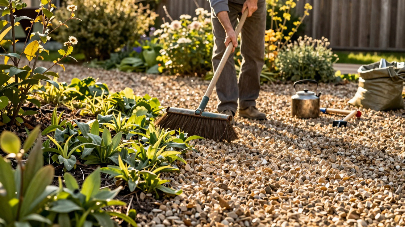 Person sweeping a gravel garden path surrounded by green plants and yellow flowers in sunlight.