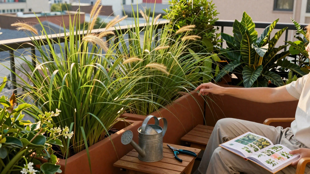 Person reading a gardening book on balcony surrounded by plants, a watering can, and pruning shears nearby.