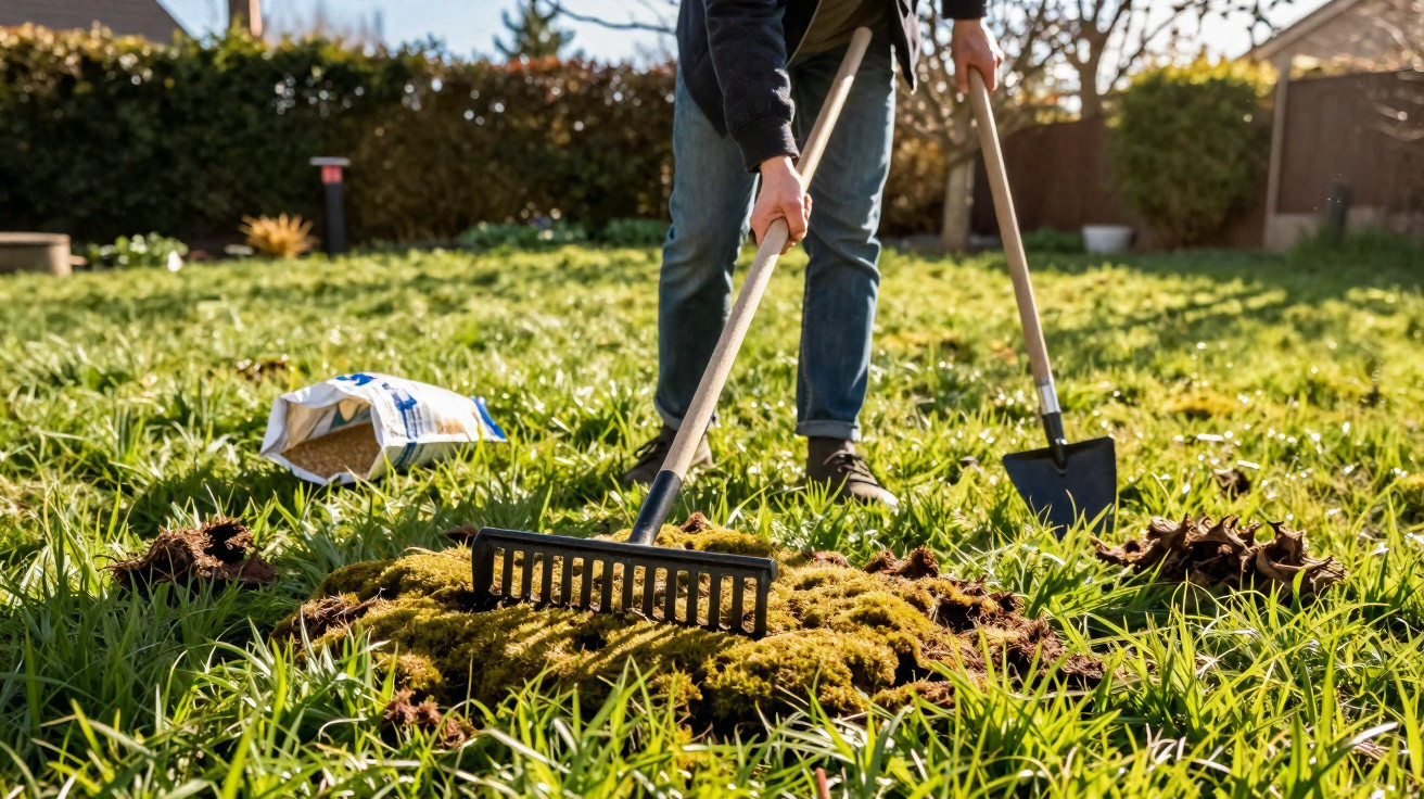 Person raking moss and leaves in a sunny garden with a shovel and gardening tools nearby.
