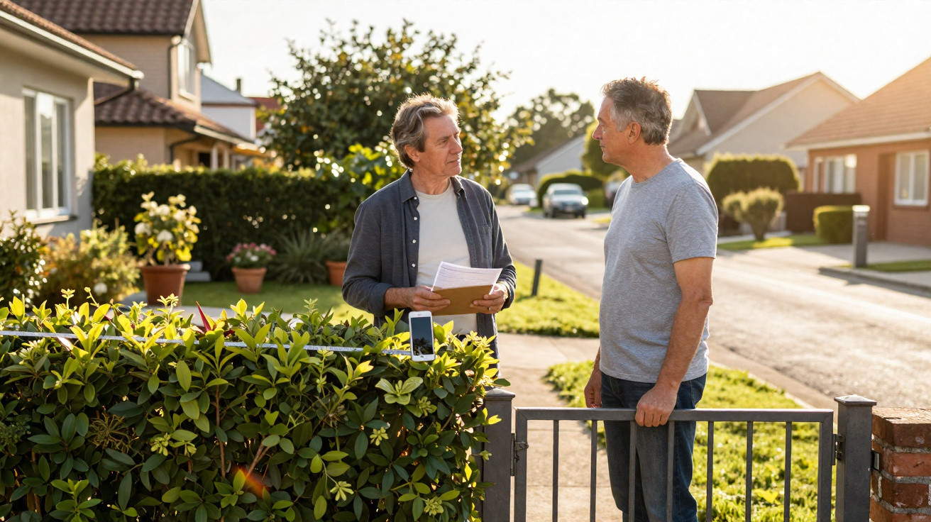 Two middle-aged men talking over a garden fence in a sunny suburban neighbourhood.