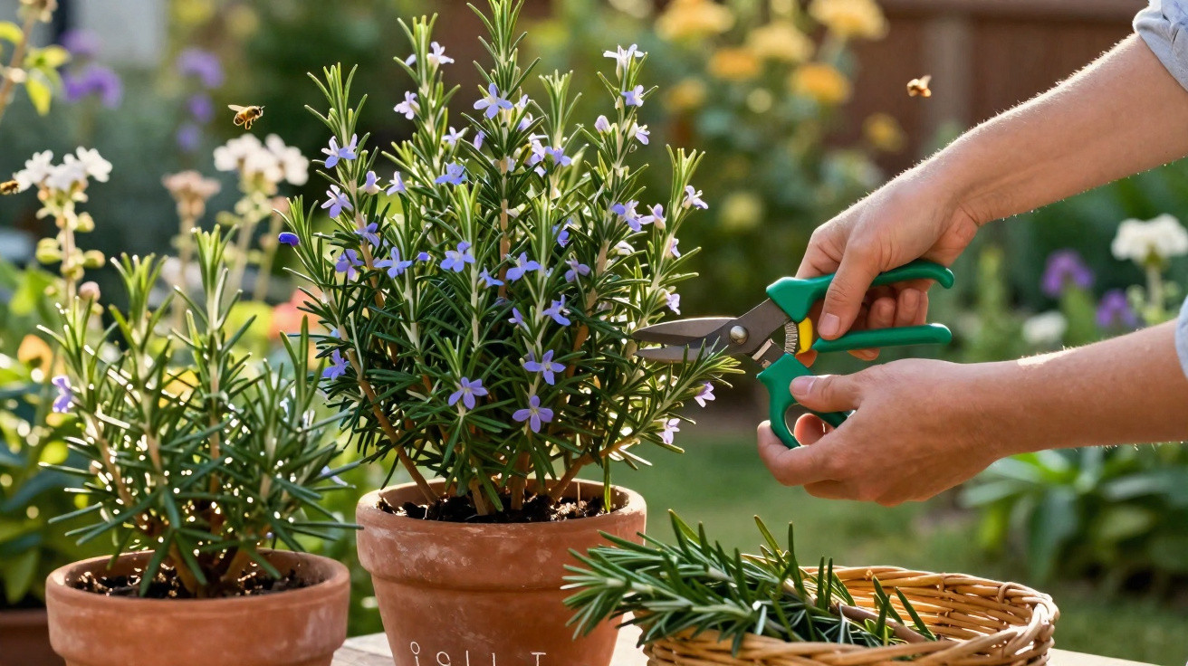 Hands trimming a potted rosemary plant with pruning shears beside a basket of cut rosemary sprigs in a garden.