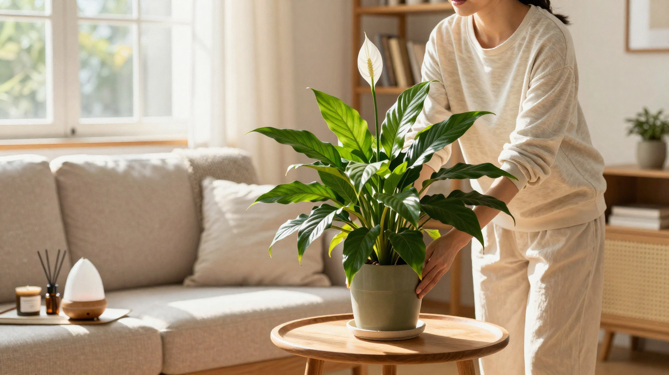 Person adjusting a green potted plant with white flowers on a wooden table in a sunlit living room.