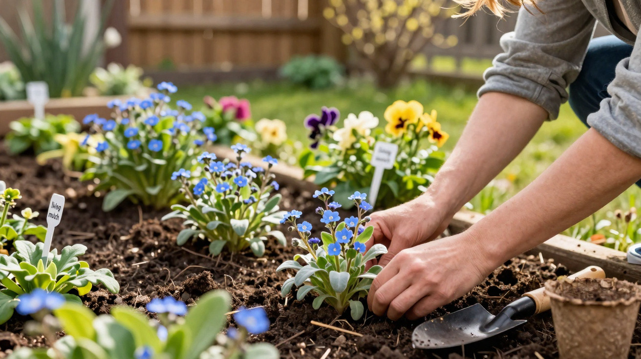Hands planting blue flowers in a garden bed surrounded by labelled plants and pansies in the background.