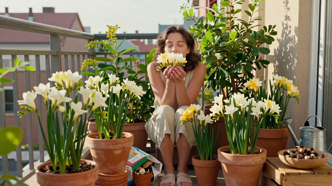 Woman sitting on a balcony surrounded by potted daffodils, smelling a bunch of yellow and white flowers.
