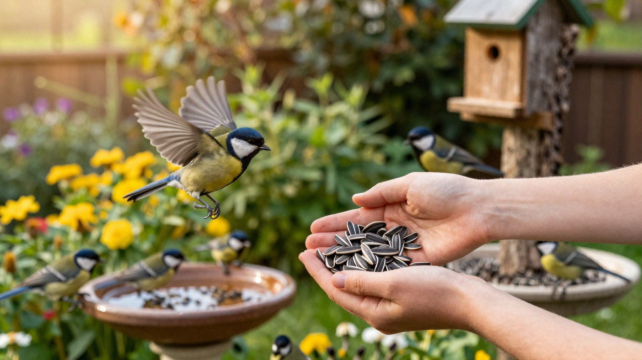 Hands holding sunflower seeds feeding blue tits near a bird feeder in a garden with yellow flowers.