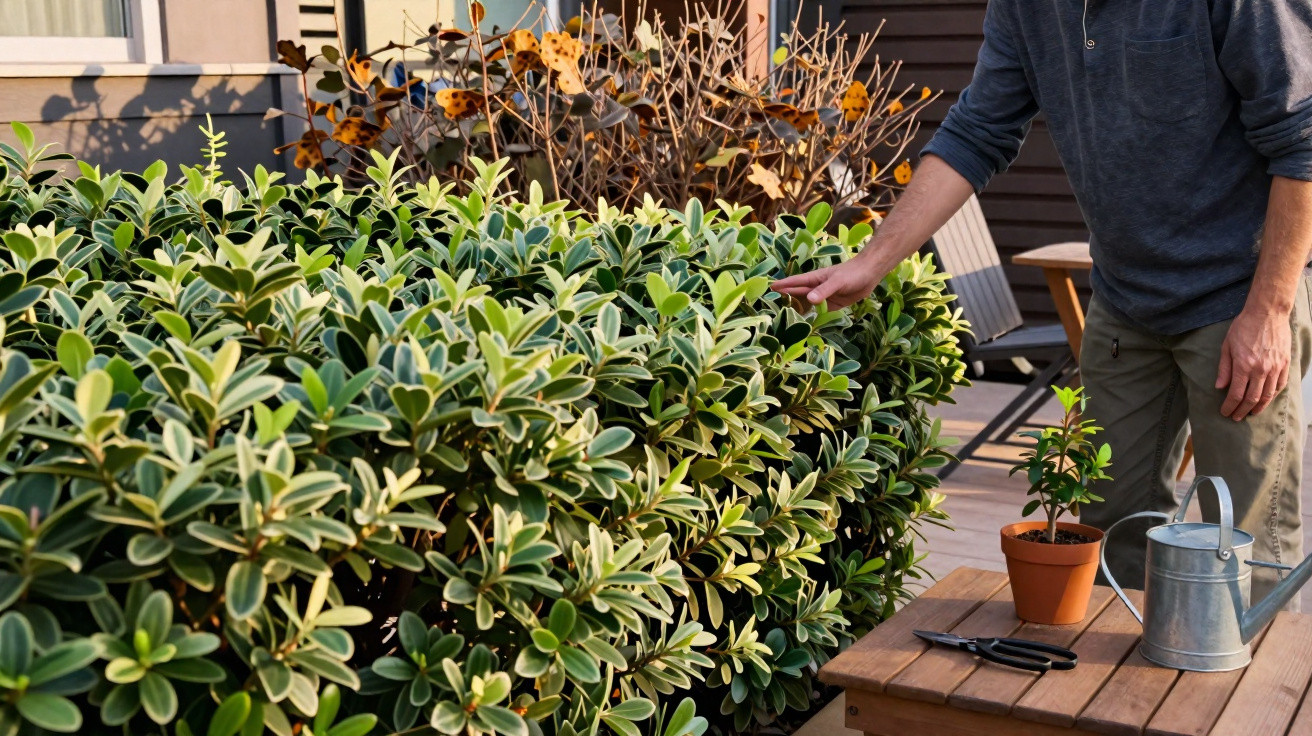 Person trimming a variegated hedge with gardening tools on a wooden table nearby on a patio.
