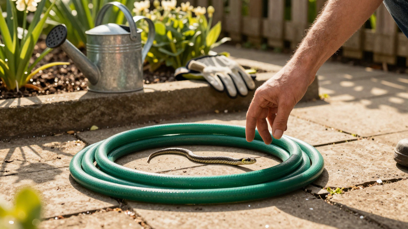Hand reaching towards a small snake coiled inside a green garden hose on a stone patio.