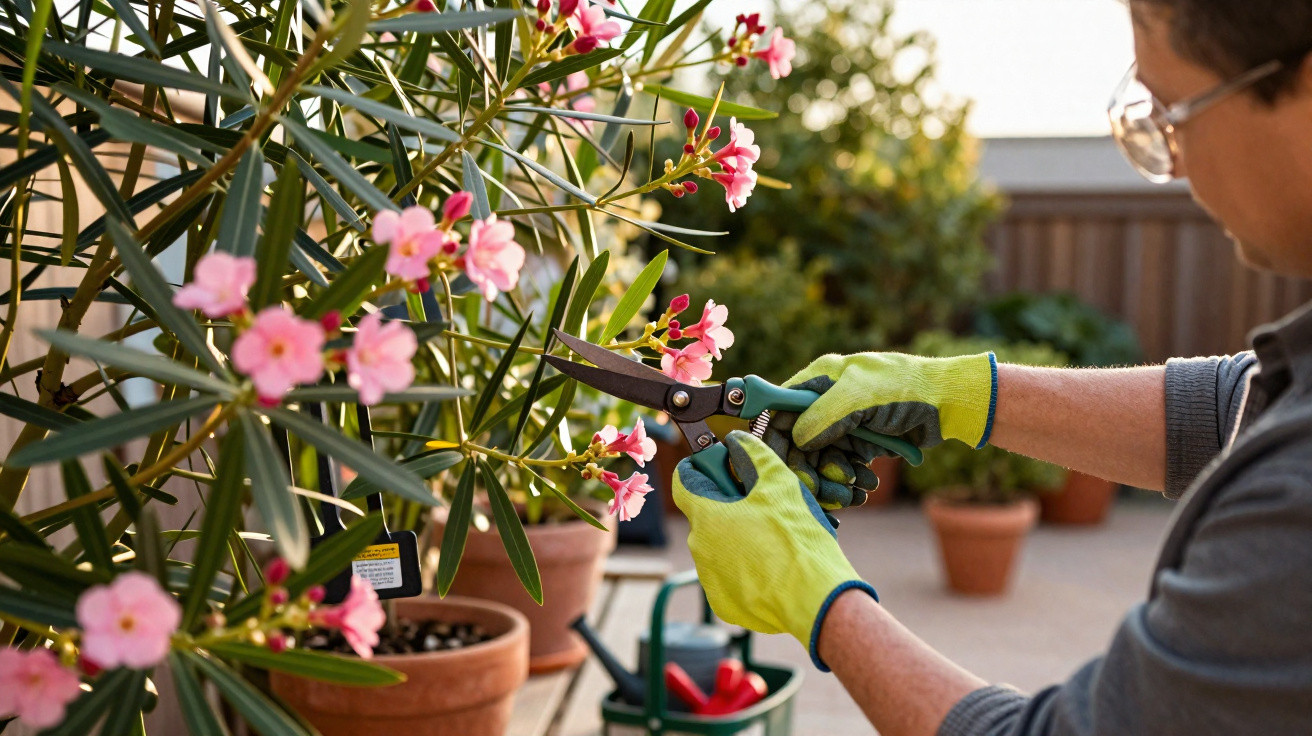Person wearing gloves pruning pink flowers from a potted plant on a sunlit patio.
