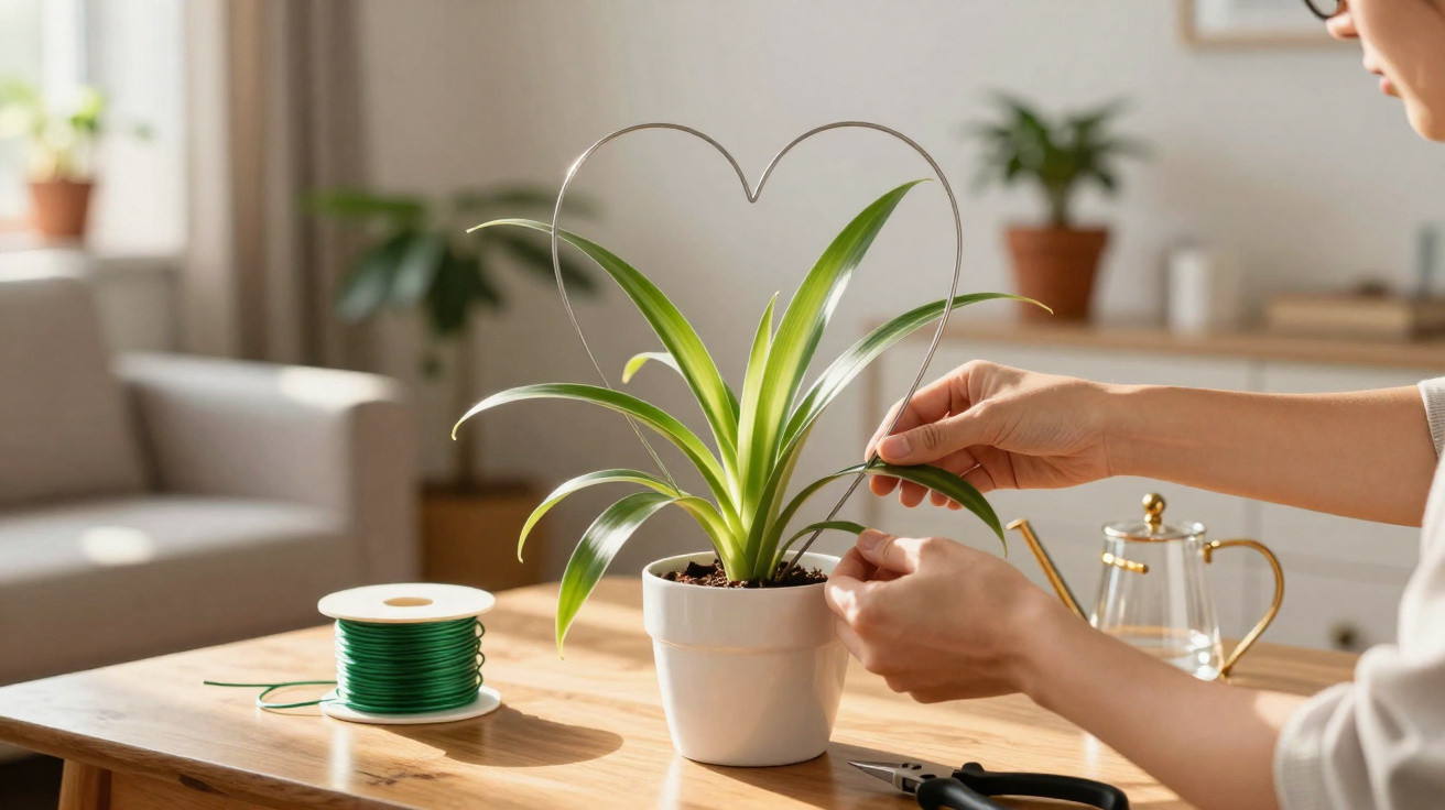 Person shaping a heart from wire around a green plant in a white pot on a wooden table indoors.