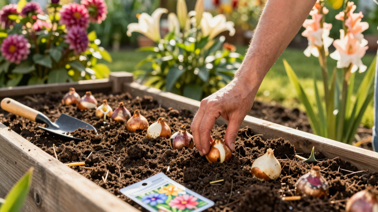 Hand planting flower bulbs in soil of a wooden raised garden bed with garden trowel and seed packet nearby.