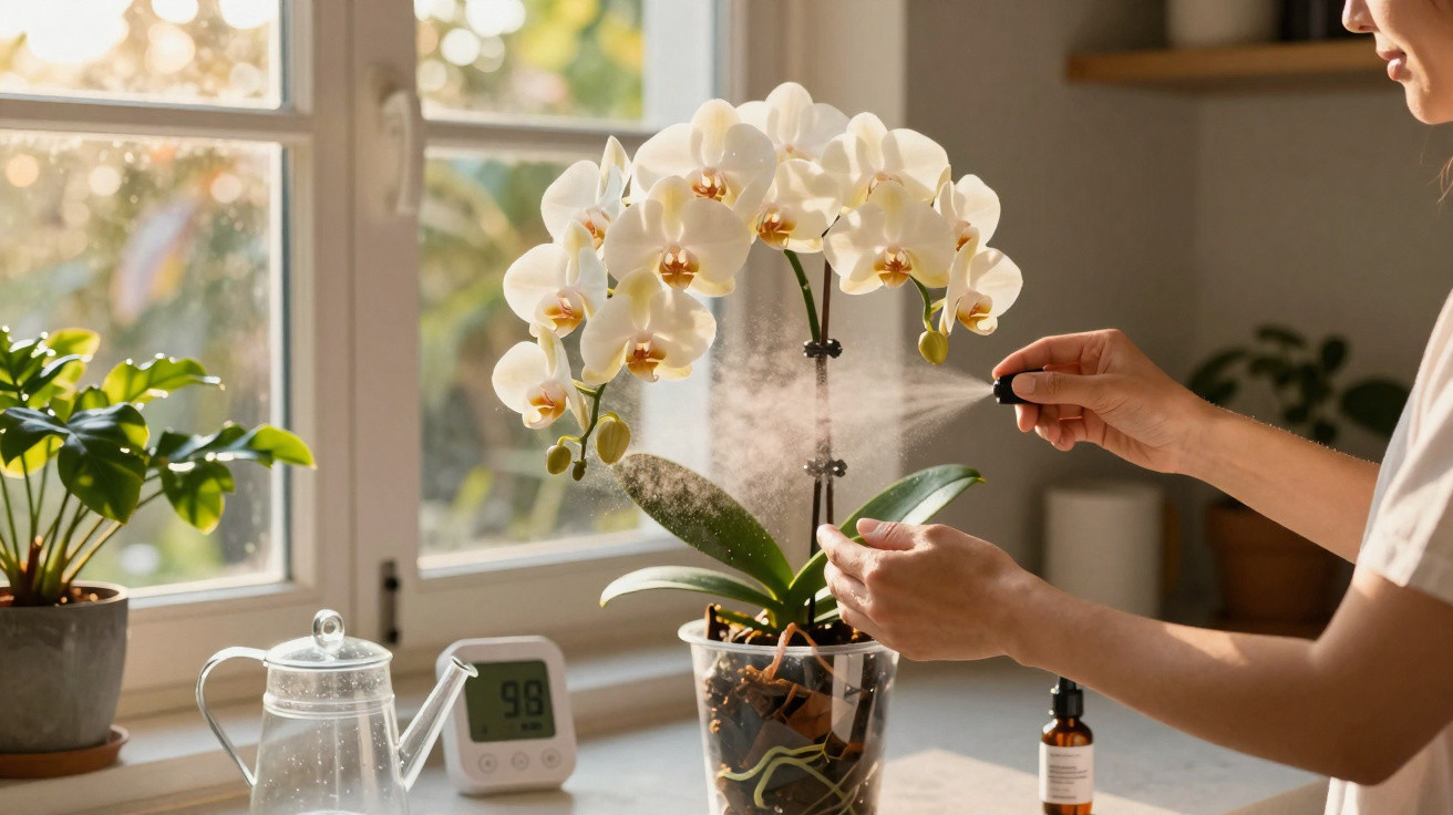 Person misting a white orchid plant on a bright windowsill with other houseplants and a digital thermometer nearby.