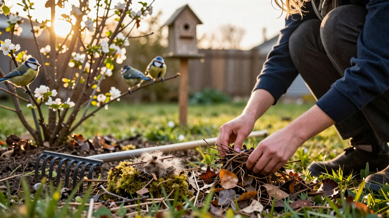 Person gathering dry leaves beside a garden rake with three blue tits on a branch near a birdhouse.