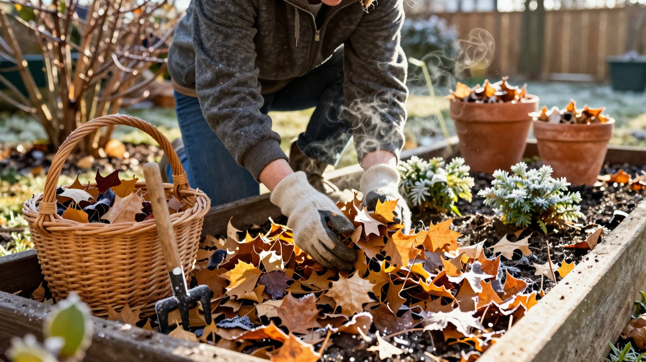 Person wearing gloves spreading autumn leaves on garden soil in a raised wooden planter box outdoors.