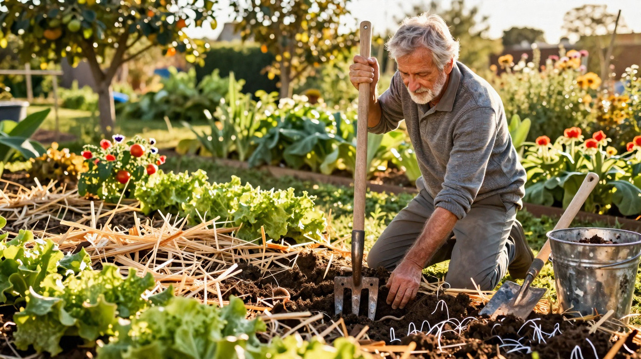 Elderly man kneeling in a garden, using a digging fork to cultivate soil around leafy vegetables on a sunny day.